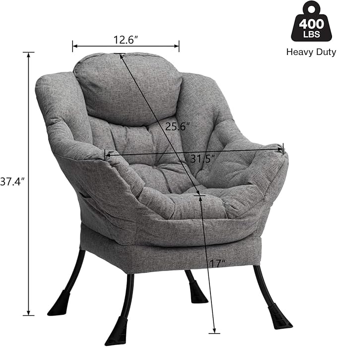 HollyHOME Lazy Chair with Armrest and Side Pocket, Comfy Accent Lounge Chair,Leisure Sofa Armchair for Living Room, Bedroom, Dorm, or Small Spaces, Oversized Reading Sofa Chair,Cotton-Linen Grey