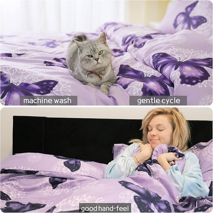 ARTALL Bed in A Bag Full/Queen Size 8 Pieces, Purple Butterfly All Season Bedding Comforter Bed Set with Pillow Shams, Flat Sheet, Fitted Sheet, Bed Skirt, Pillowcases