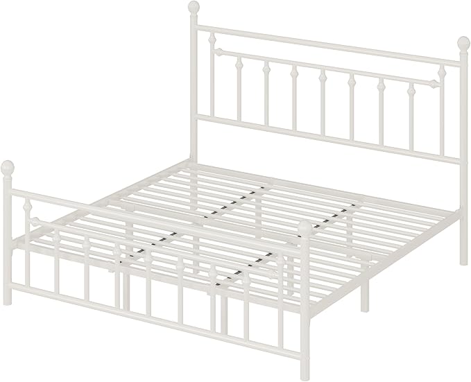 Allewie 14 Inch King Size Metal Platform Bed Frame with Victorian Vintage Headboard and Footboard/Mattress Foundation/Under Bed Storage/No Box Spring Needed/Easy Assembly/Noise Free/White