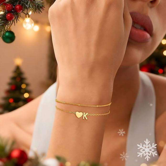 Gold Initial Bracelets for Women Girls - 14K Gold Plated Heart Initial Bracelet Teen Girl Gifts Trendy Stuff Dainty Gold Bracelets for Women Girls Trendy Jewelry Gifts
