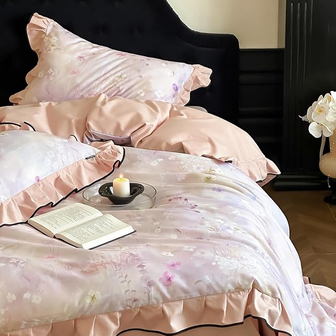 HighBuy College Girl Ruffle Duvet Cover Set Twin XL,Brushed Cotton Comforter Cover Pink Floral Lace Bedding Set Chic Cottagecore,Durable Soft Duvet Cover Set with Zipper,Breathable