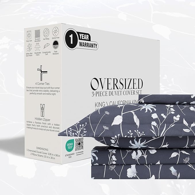 Southshore Fine Living, Inc. Oversized Blue Floral Duvet Cover King Size/California King Duvet Cover Floral, Easy Care Hotel Quality Bedding King/Cal King, 2 Pillow Shams - Secret Meadow Blue