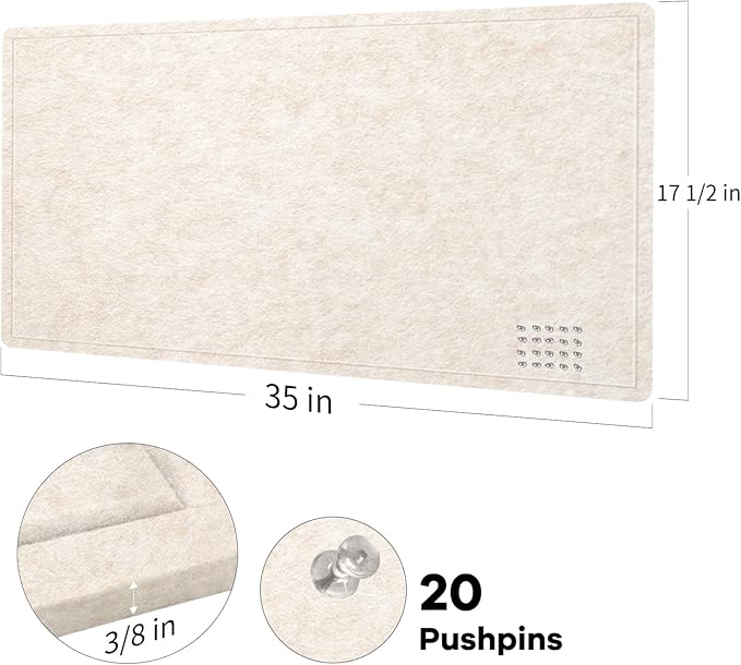 Bulletin Board, 35 x 17 1/2 inches Felt Board - Decorative Pin Board, Cork Board Alternative for Wall, Foldable Self-Adhesive Vision Board Prayer Board with 20 Pushpins - Oatmeal