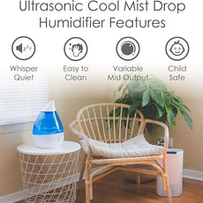 Crane Ultrasonic Cool Mist Teardrop Humidifier for Baby Nursery, Bedroom, Office, Large Room, Adjustable Humidity, Auto Shut-Off, Easy Clean Blue & White 1 Gallon