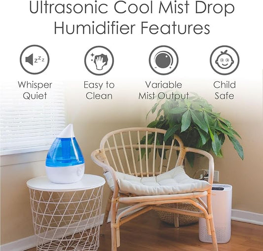 Crane Ultrasonic Cool Mist Teardrop Humidifier for Baby Nursery, Bedroom, Office, Large Room, Adjustable Humidity, Auto Shut-Off, Easy Clean Blue & White 1 Gallon