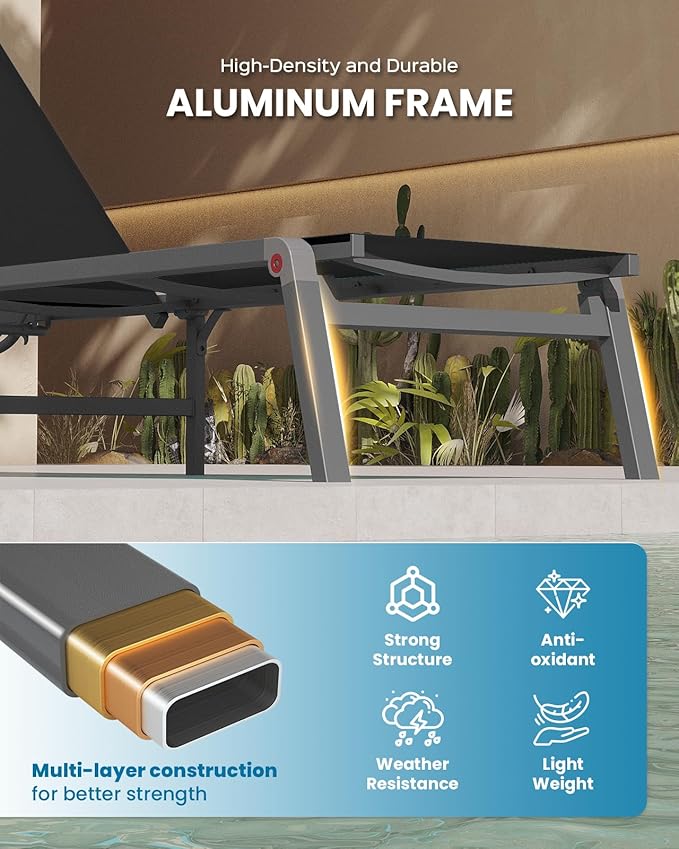 Pool Lounge Chairs Set of 2, Foldable Aluminum Chaise Lounge Outdoor with 5 Positions Recliner - Free Assembly - Patio Chaise Lounge Chair for Poolside, Beach, Yard (Black, 2 Pack)