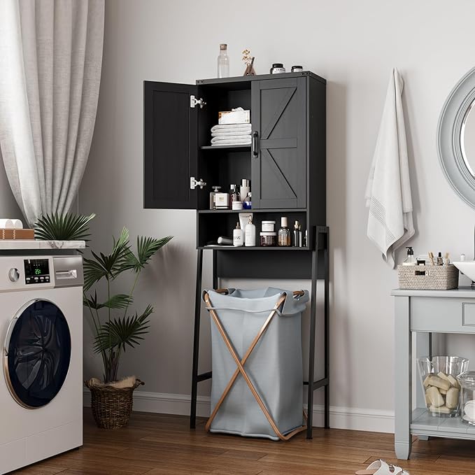 Over The Toilet Storage Cabinet with 2-Door Design Bathroom Organizers and Storage with Anti-Tip Device Over Toilet Organizer with Shelves for Bathroom,Restroom,Laundry Black