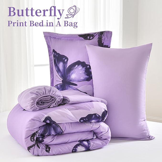 ARTALL Bed in A Bag Twin Size 5 Pieces, Purple Big Butterfly Bedding Comforter Set All Season Bed Set with Comforter, Pillow Sham, Flat Sheet, Fitted Sheet, Pillowcase