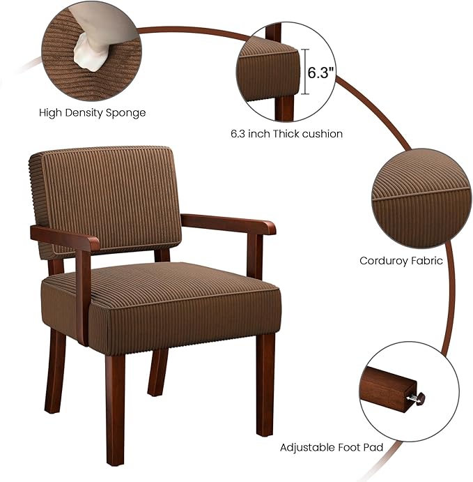 Corduroy Accent Chair Set of 2 with Table, Mid Century Modern Armchairs with Solid Wood Frame, Oversized Reading Leisure Chair (Corduroy Brown, Set of 2 with Table)