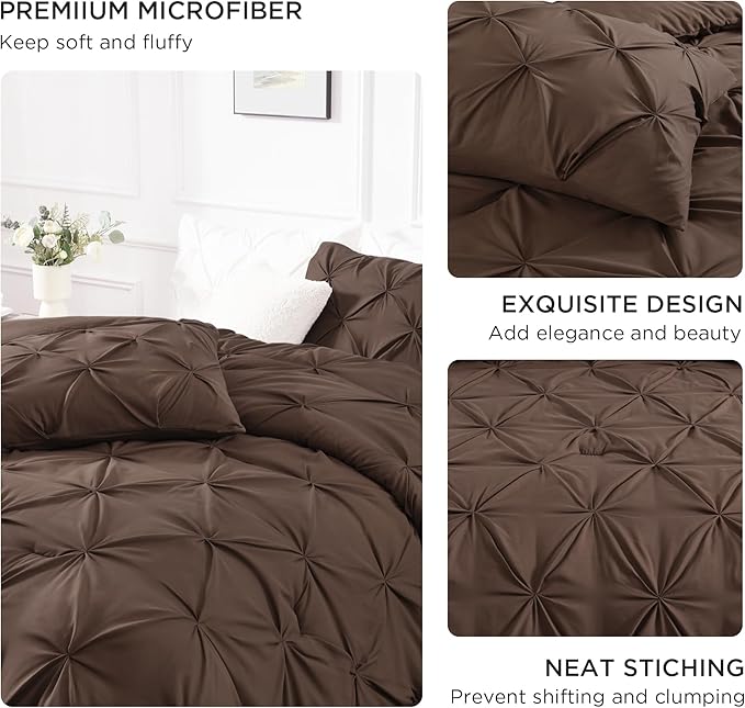 Andency Brown Pinch Pleat Comforter Twin(66x90Inch), 2 Pieces(1 Down Alternative Comforter and 1 Pillowcase) Bed Set Microfiber Pintuck Bedding Set