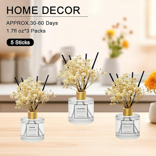 Reed Diffuser Set of 3 Pack,50ML Vanilla Clean Linen Lavender Scented Oil Diffuser with 5 Sticks,Home Fragrance Reed Diffuser for Bedroom Bathroom Office (Vanilla/Clean Linen/Lavender)