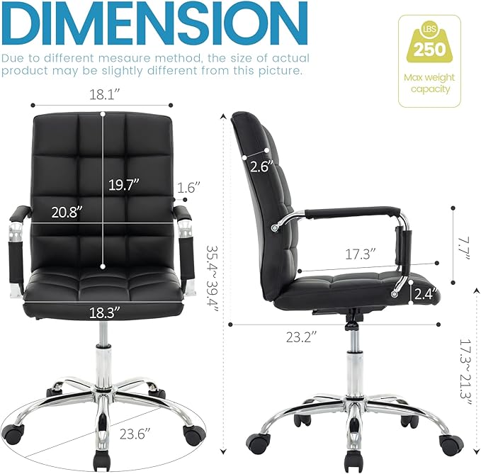 High Back Desk Chair, Modern PU Leather Home Office Task Chair with Arms, Adjustable Swivel Computer Executive Chair with Wheels (Black)