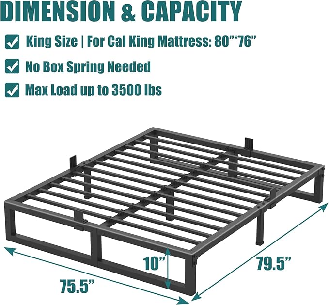 10 inch King Size Bed Frame Low Profile Metal Platform Frames with Mattress Slide Stopper,Heavy Steel Slats Support,No Box Spring Needed,Noise Free,Non-Slip,Easy Assembly