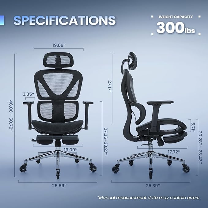 Ergonomic Office Chair with Footrest, Mesh Home Office Computer Chair with Adjustable Headrest and 3D Arms, Backrest Height, Tilt Lock and Lumbar Support, 300LBS