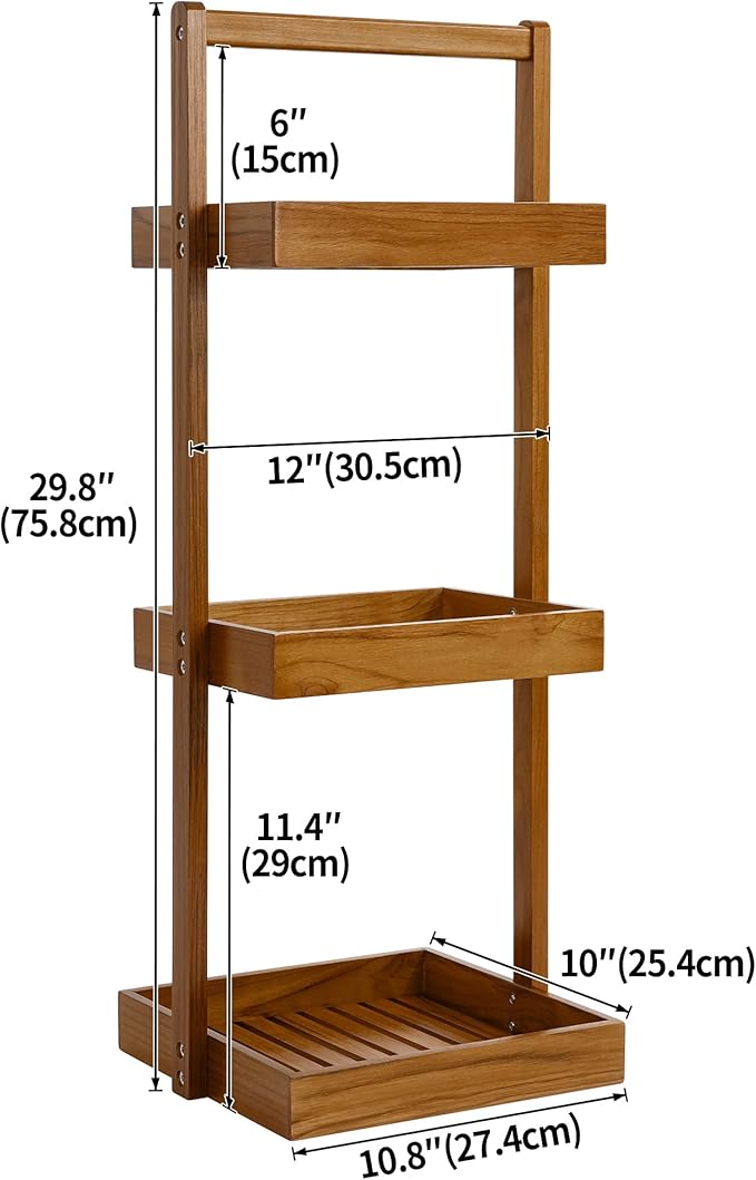 Utoplike Teak Shower Caddy Shelf, Standing Shower Organizer for Bathroom Corner, Wooden Freestanding Racks Storage for Inside Shower, Bath, Office, Stand Up 3 Tier Kitchen Desktop Organization