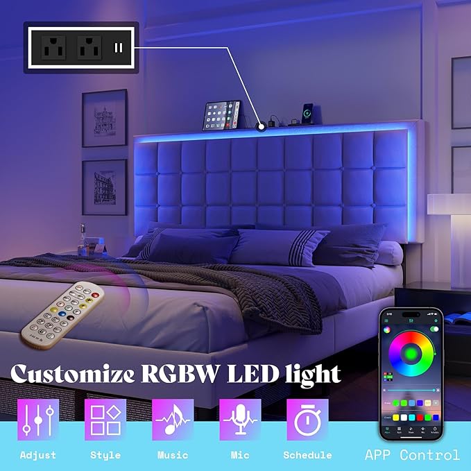 AMERLIFE King Size Button Tufted Platform Bed Frame with LED Lights, Upholstered Bed Frame with Charging Station, Wood Slat Support, Mattress Foundation, White