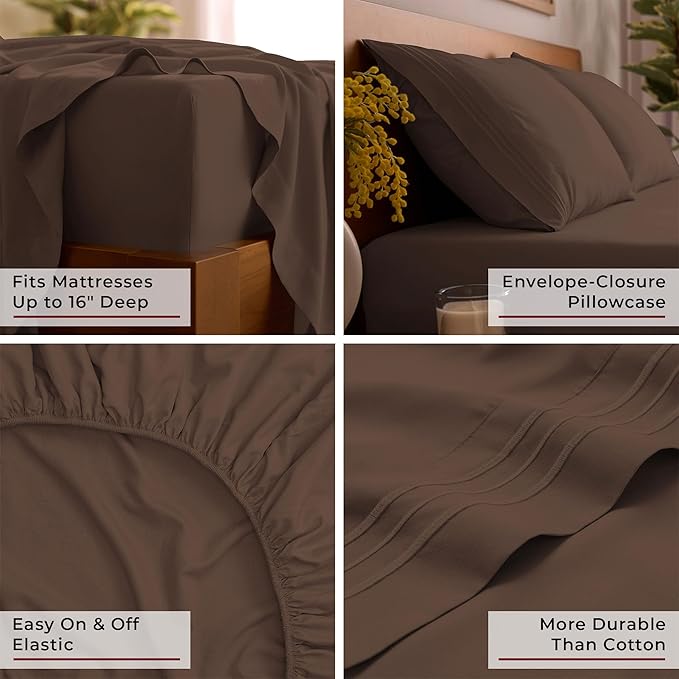 Mellanni Queen Sheet Set - 6-Piece Iconic Collection Bedding, (Including 4 Pillowcases), 16-Inch Deep Pocket, Easy Care, Extra Soft, Cooling Sheets, Brushed Microfiber - Brown