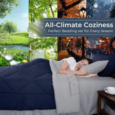 HEVUMYI Queen Comforter Set - 7-Piece All Season Bed in a Bag Queen, Ultra Soft Bedding Set with Comforter, Flat Sheet, Fitted Sheet, Pillowcases, Pillow Shams, Navy Blue & Light Grey