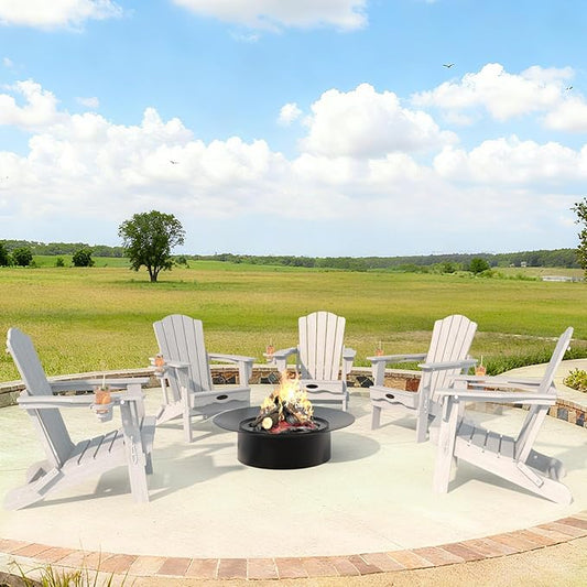 Adirondack Chair Set of 4, Folding All-Weather Outdoor HDPE Patio Chair with Cup Holder, White