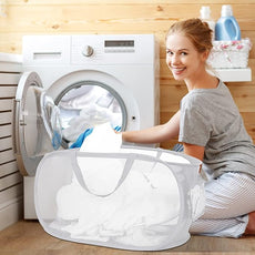 Strong Mesh Pop Up Laundry Basket, Collapsible Laundry Hamper with Side Pocket, Foldable Clothes Hamper with Durable Reinforced Handles for Laundry, Bathroom, Kids Room, Dorm or Travel 2 Pack White