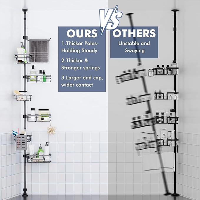 Corner Shower Caddy Tension Pole,30-120 Inch Adjustable Shower Organizer, 6-Tier Shower Shelves with Towel Rack/Toothbrush Holder/Soap Dish, Bathroom Corner Storage Rust-Resistant