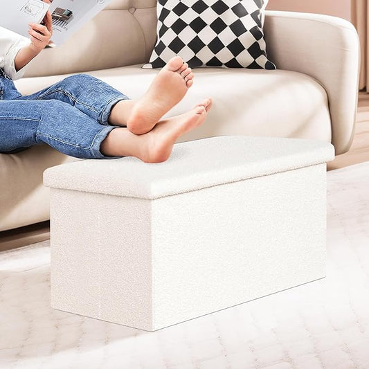 PINPLUS Folding Storage Ottoman Bench, Sherpa Ottoman with Storage, Large Long Shoes Bench Chest with Lid, Footrest for Living Room, Entryway, White 30'' x 15'' x 15''