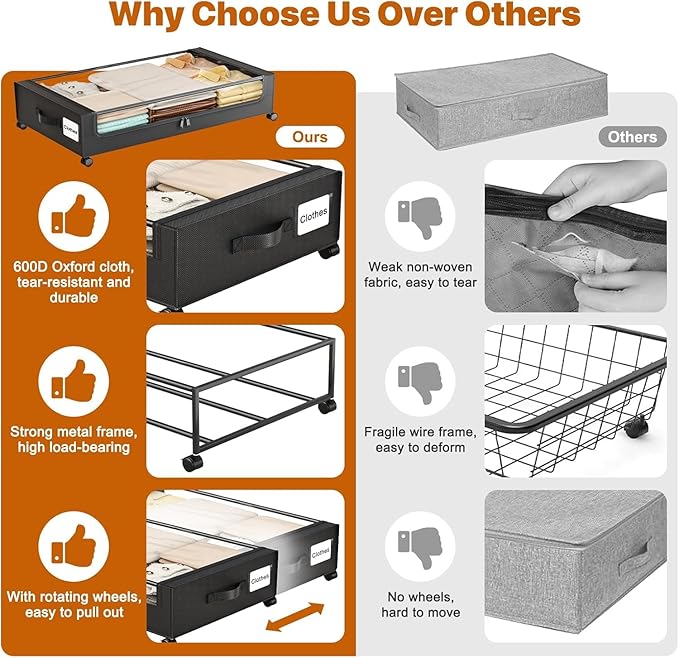 Under Bed Storage with Wheels,Under Bed Storage Containers with Clear Lids, Under-Bed Organizers for Clothes, Shoes – Durable Storage Bins with Smooth Rolling Wheels (Black, 4 Pack)