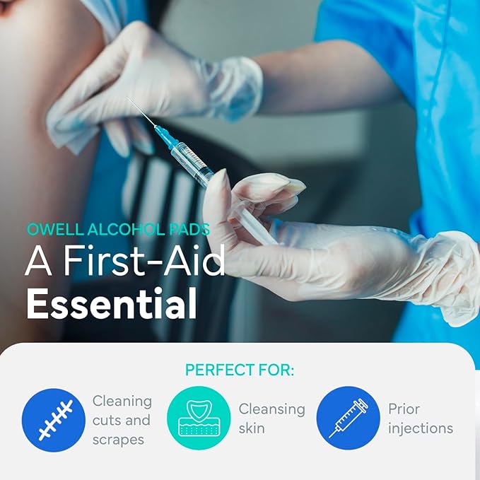 OWELL Prep Pads - 200 Individually Wrapped Sterile Alcohol Wipes, Medium 2-Ply Antiseptic Wipes for Disinfecting Skin, First Aid Kit Alcohol Swabs (2 Packs of 100 Count)