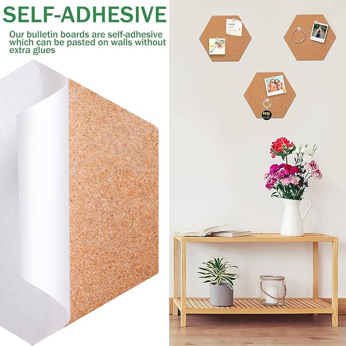 FEBSNOW 3 Pack Self-Adhesive Cork Board Tiles Hexagonal Cork Board Mini Wall Bulletin Board with 50 Multi-Color Push Pins