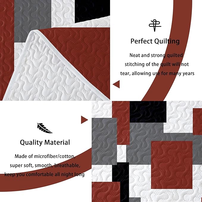 3 Piece Burnt Orange Grey Quilt Set California King Size Black White Geometric Reversible Bedding Set Microfiber Lightweight Bedspread Coverlet with 2 Shams Bed Cover for All Season, 118''x106''