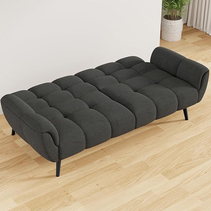 Futon Sofa Bed, Convertible 77" Modern Linen Futon Couch, Comfy Sleeper Sofa with Adjustable Backrests, Couch Bed for Small Spaces, Living Room, Bedroom, Apartment, Dark Gray