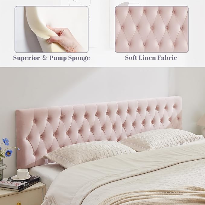 Kingfun Tufted Upholstered Full Size Bed Headboard in Modern Button Design, Adjustable Solid Wood Head Board, Premium Velvet Fabric Padded Headboards in Bedroom (Pink)