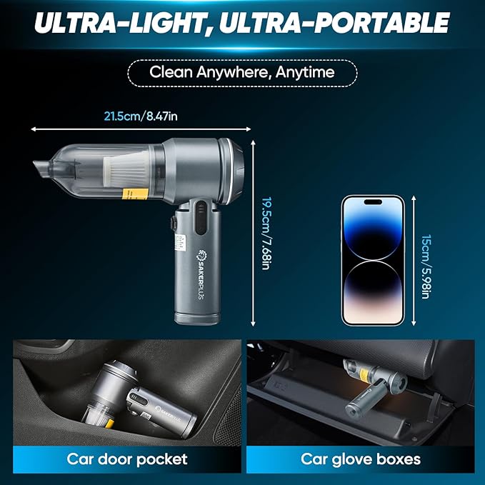 17500Pa Cordless Handheld Car Vacuum 4-in-1 Mini Vacuum Cleaner with LED Display 40min Runtime Multi Nozzles Rechargeable and Portable for Home,Office,Outdoor (Grey)