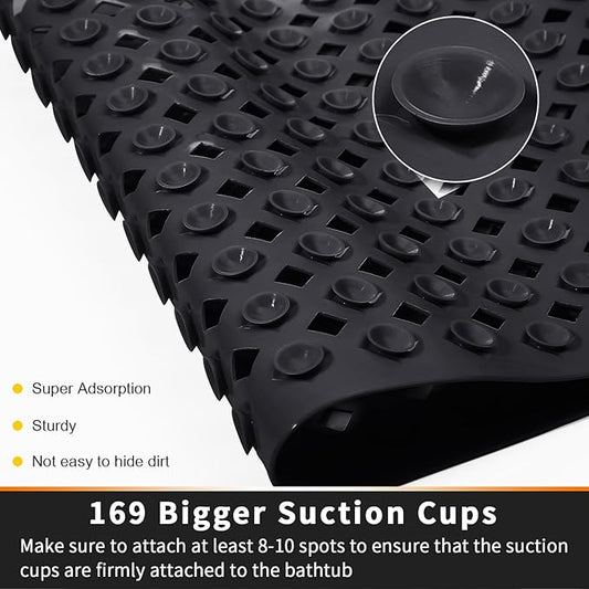 Yimobra Square Shower Mat Non Slip, Super Strong Suction Cups, 21"x21" Bath Tub Mat with Drain Holes, Machine Washable Fast Draining Bath Mats, Bathroom Essentials,Black