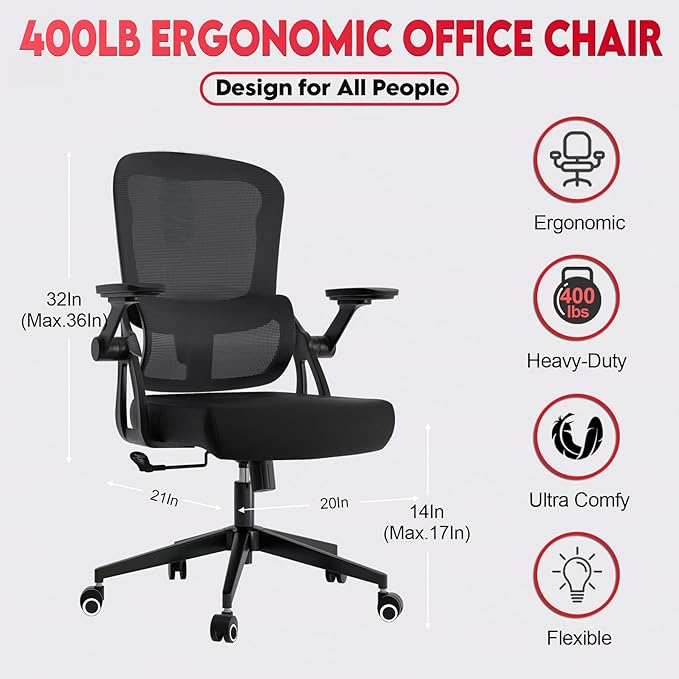 Ergonomic Office Chair - 400LB Comfy Desk Chairs with Lumbar Back Support, Mesh Computer Chairs with Wheels and Arms for Home Office, Study (218Black-Without Headrest)