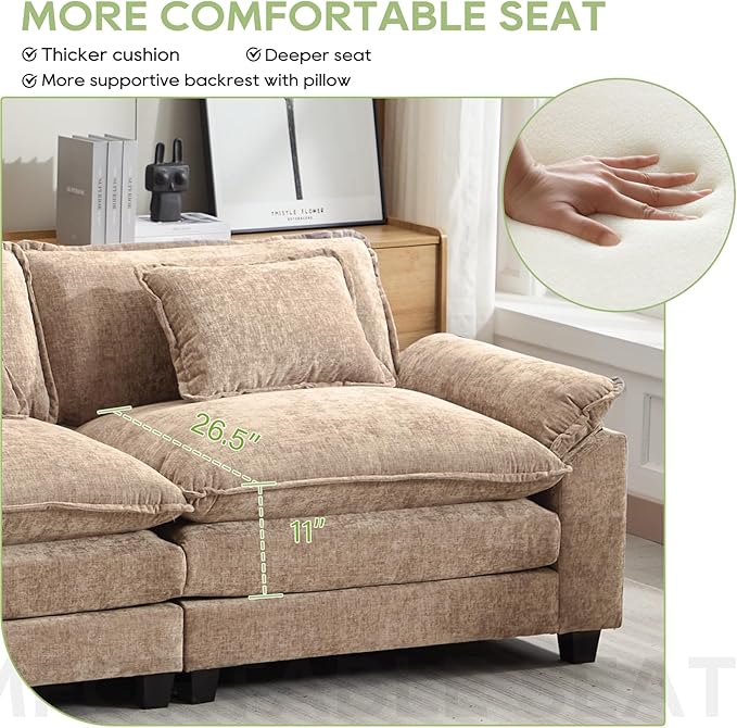 Modular Sectional Sofa, Comfy Cloud Couch Sectional Sofa, Chenille Sofa Sleeper Deep Seat Sofa with Throw Pillows for Living Room (Khaki, 53"- Single Seat)