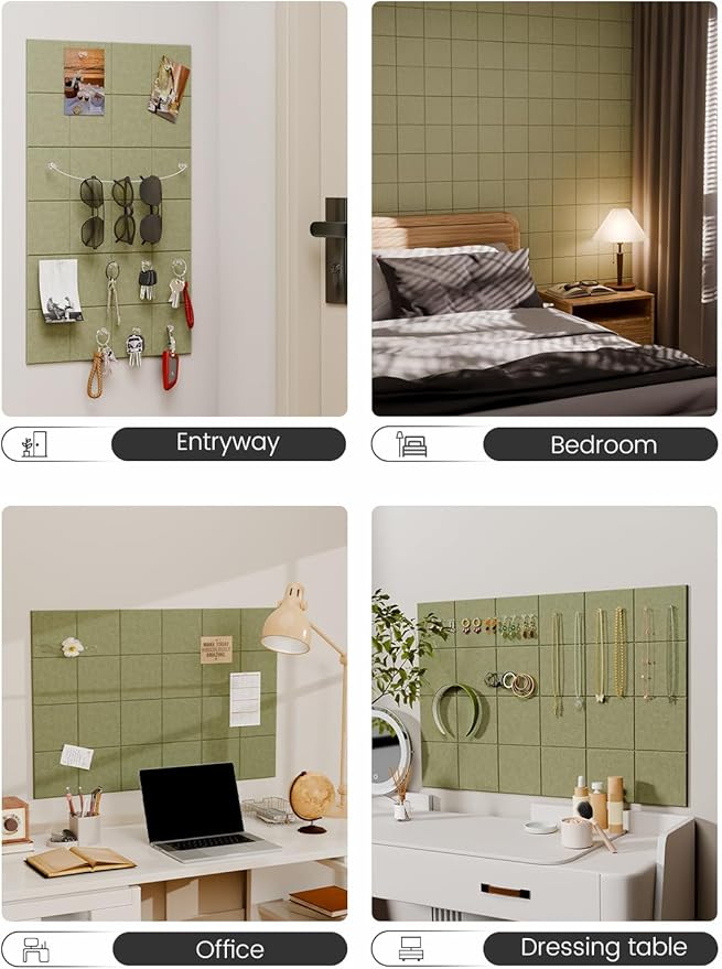 Felt Bulletin Board Tiles -28"x18" Cork Board Alternative for Office Decor, Push Pin Board Wall Organizer 6-Pack-Olive Green