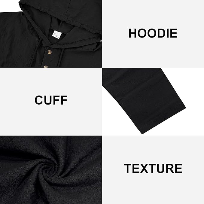 Men's Linen Blend Hoodie Long Sleeve Henley Pullover Sweatshirt Casual Loose Fit Top for Workout Beach Wear