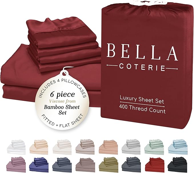 Bella Coterie 6 Piece Luxury Bamboo Viscose Split Top King Size Sheet Set | 34" Split for Adjustable Beds | 100% Organically Grown| Cooling | 18” Deep Pocket | 4 Pillowcases [Merlot]