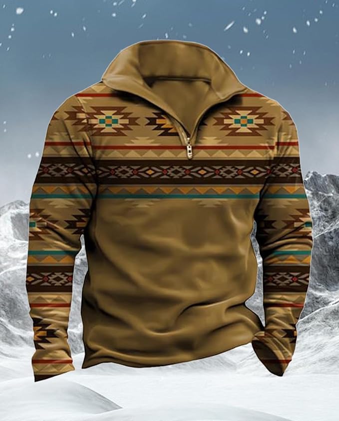 Western Sweatshirts for Men Aztec Cowboy Vintage Graphic Fleece Hoodie Mens Quarter Zip Pullover Country Jacket