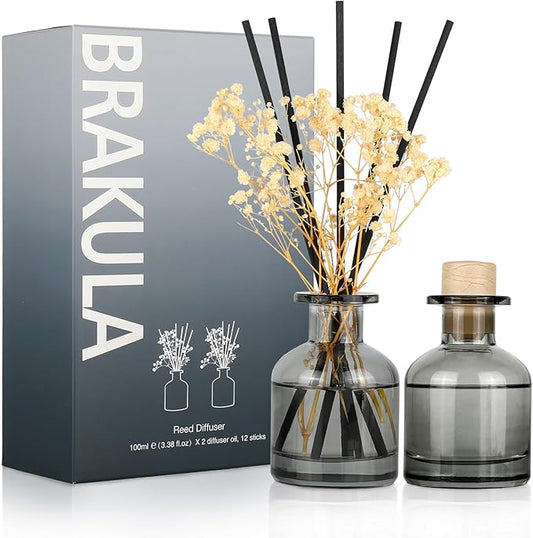 Brakula 2 Pack Reed Diffuser, Fresh Linen + Eucalyptus & Wild Mint (3.38 fl oz Each Pack), Home Fragrance with 12 Sticks, Shelf Decor, Reed diffusers for Home