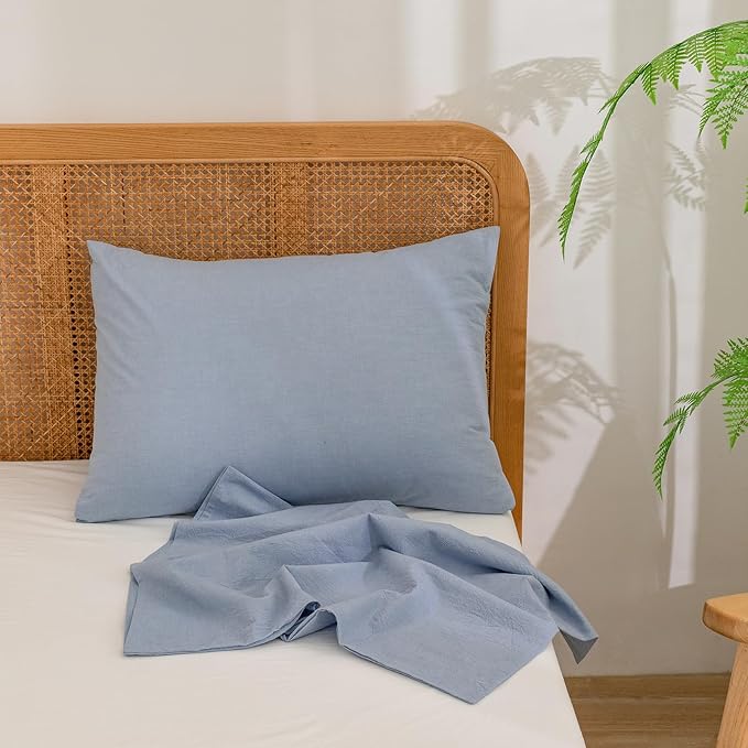 BESTOUCH 100% Washed Cotton Pillowcase for Hair and Skin Linen Feel Soft Comfortable Breathable 2 Set Pillow Case with Envelope Closure Solid Cornflower Blue Queen 20x30 Inches