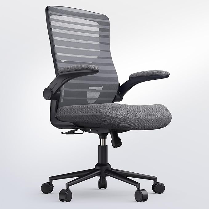 Office Desk Chair for Long Hours & Lower Back Pain Relief – 4“ Thick Molded Foam Cushion, Enhanced Lumbar Support, Padded Flip-up Armrests, Dark Gray