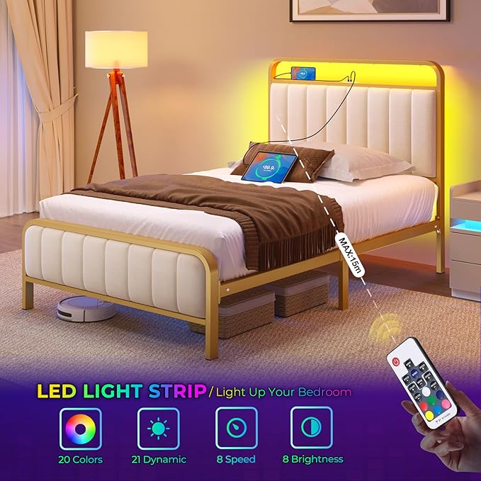 Rolanstar Twin Size Bed Frame with LED Light and Charging Station, Upholstered Headboard and Footboard, Metal Slat, Noise Free, Easy Assembly, Golden and Beige