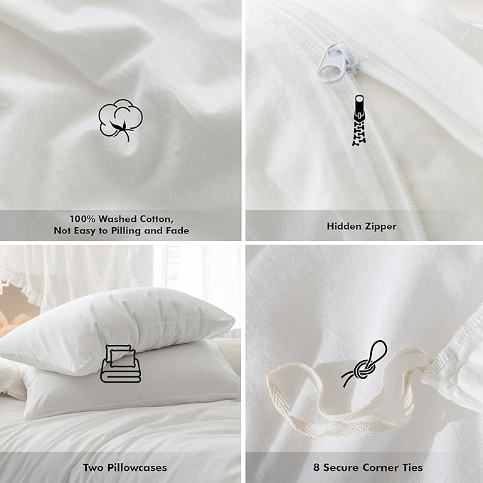 FOSSA White Duvet Cover Set, 100% Washed Cotton Linen Feel Super Soft Breathable Cozy 3 Pieces Bedding Sets Solid Off White Twin