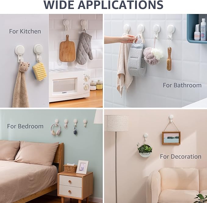 LEVERLOC Heavy Duty Suction Cup Shower Hooks 4 Pack, Damage-Free Shower Hangers for Inside Bathroom Wall, Powerful Vacuum Suction Towel Hooks, Loofah Holders, Easy to Install and Remove, White