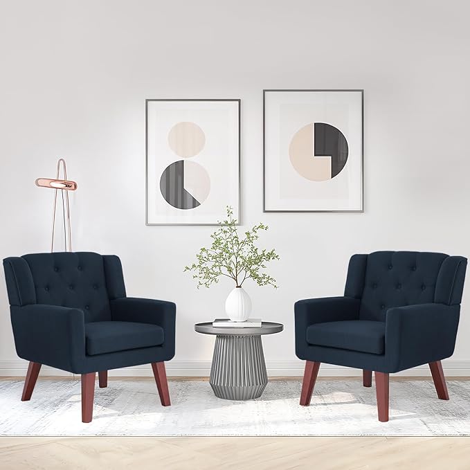 Accent Chair Button-Tufted Upholstered Living Room Chairs Comfy Reading Chair Mid Century Modern Chair with Linen Fabric Lounge Arm Chairs for Living Room Bedroom (Navy Blue)