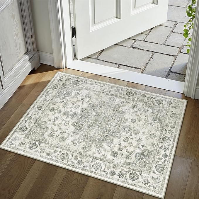 2x3 Washable Neutral Area Rug Green Vintage Entryway Kitchen Carpet Non-Slip Soft Low Pile Floral Indoor Small Throw Rug for Bedroom Bathroom Entrance