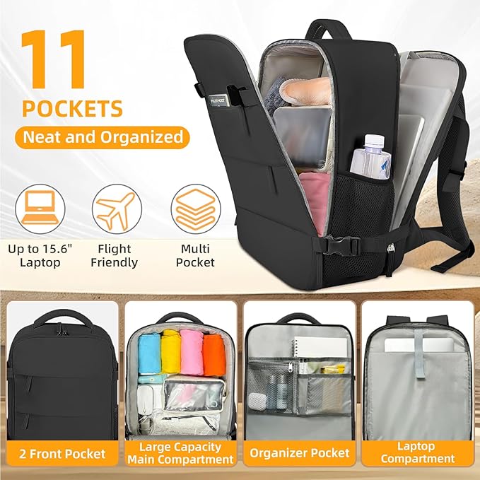 Travel Backpack For Women Men Airline Approved Carry On Backpack, Waterproof Outdoor Sports Rucksack Weekender Overnight College Business Backpack Fits 15.6 Inch Laptop - Black