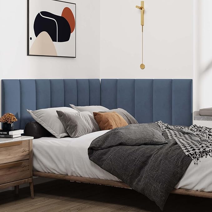 IFNOW Wall Mounted Upholstered Headboard Queen, 3D Peel and Stick Soundproof Panels, Reusable and Removable Padded Leather Bed Headboard, 9 Panels 9.84" x 23.62", Navy Blue